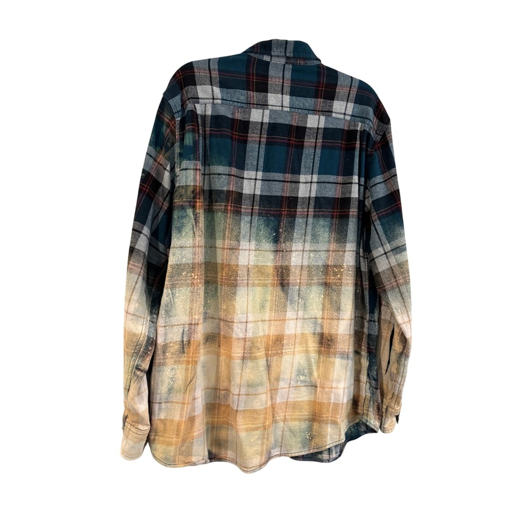 Flannel Shirt George Teal Plaid Custom Bleached Dip Dye Grunge Distressed - Picture 2 of 6